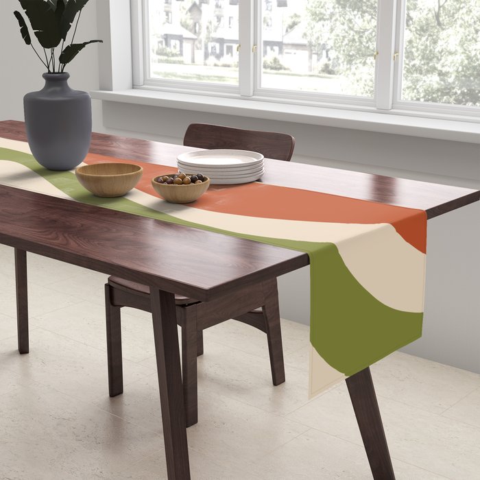Retro 70s Swirls Abstract Pattern Burnt Orange Olive Mustard Beige Table Runner Gallery Image 2