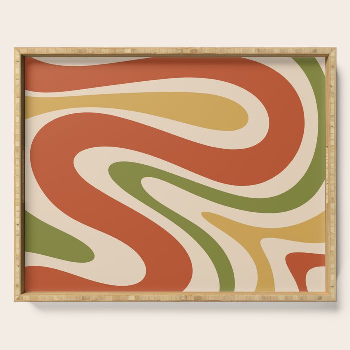 Retro 70s Swirls Abstract Pattern Burnt Orange Olive Mustard Beige Serving Tray Gallery Image 1