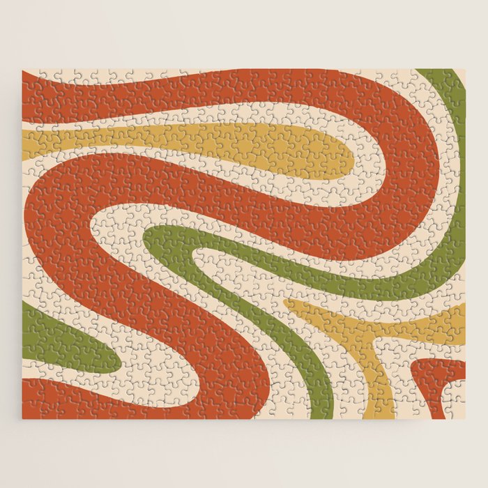 Retro 70s Swirls Abstract Pattern Burnt Orange Olive Mustard Beige Jigsaw Puzzle Gallery Image 1