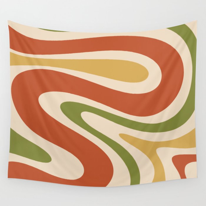 Retro 70s Swirls Abstract Pattern Burnt Orange Olive Mustard Beige Wall Tapestry Gallery Image 4
