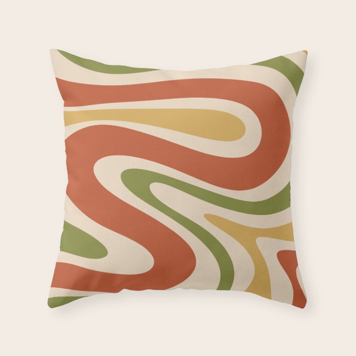 Retro 70s Swirls Abstract Pattern Burnt Orange Olive Mustard Beige Throw Pillow Gallery Image 6