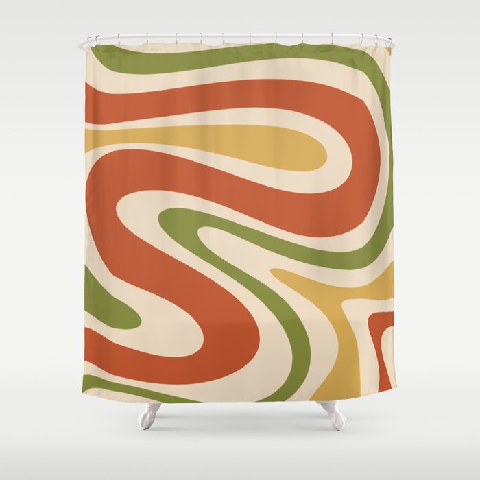 Retro 70s Swirls Abstract Pattern Burnt Orange Olive Mustard Beige Shower Curtain Gallery Image 1