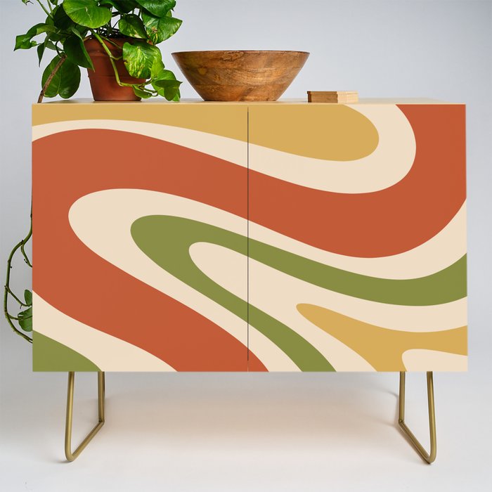 Retro 70s Swirls Abstract Pattern Burnt Orange Olive Mustard Beige Credenza Gallery Image 1