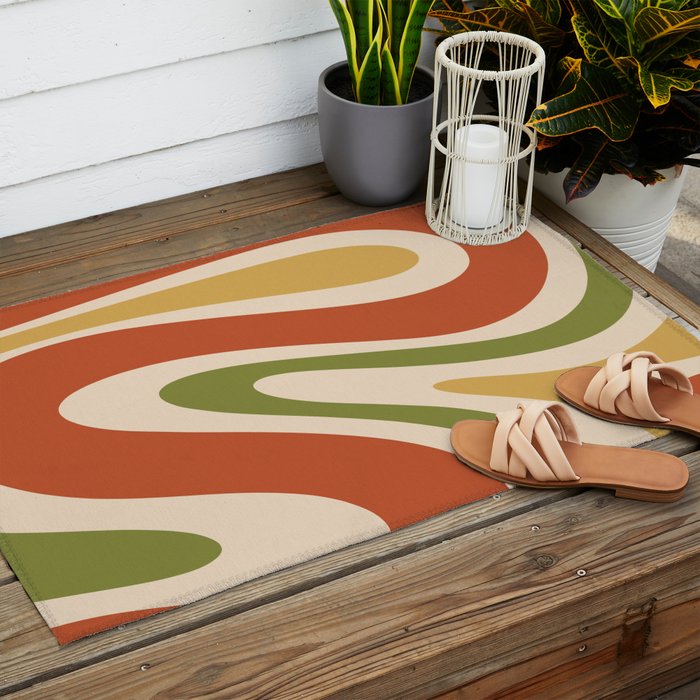 Retro 70s Swirls Abstract Pattern Burnt Orange Olive Mustard Beige Outdoor Rug Gallery Image 2