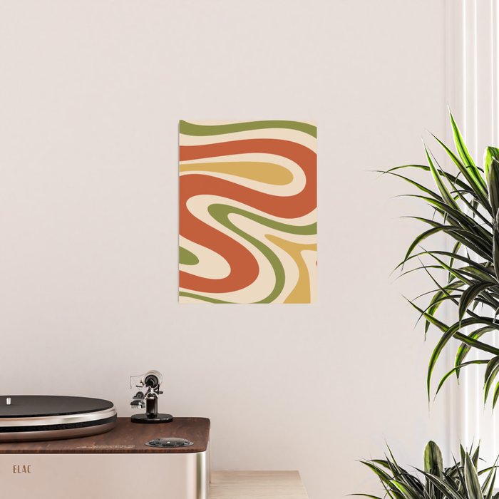 Retro 70s Swirls Abstract Pattern Burnt Orange Olive Mustard Beige Poster Gallery Image 2