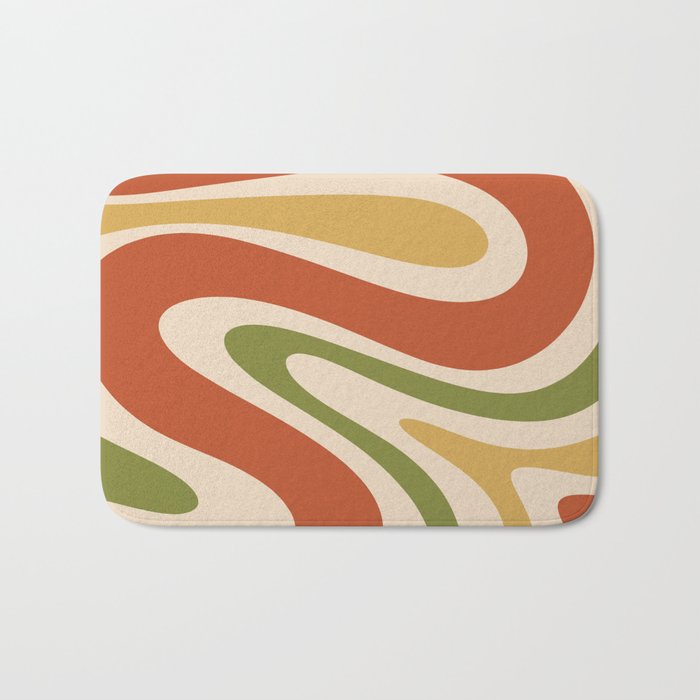 Retro 70s Swirls Abstract Pattern Burnt Orange Olive Mustard Beige Bath Mat Gallery Image 1
