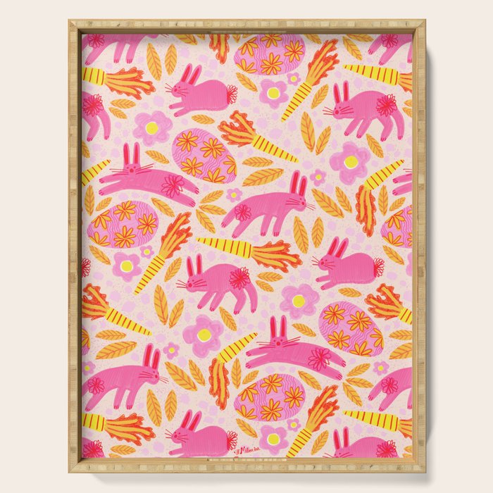 Cute Colorful Rabbits & Decorative Eggs in Pastel Pink Serving Tray Gallery Image 1