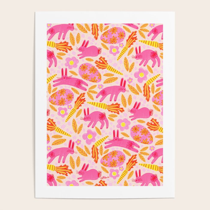 Cute Colorful Rabbits & Decorative Eggs in Pastel Pink Poster Gallery Image 4