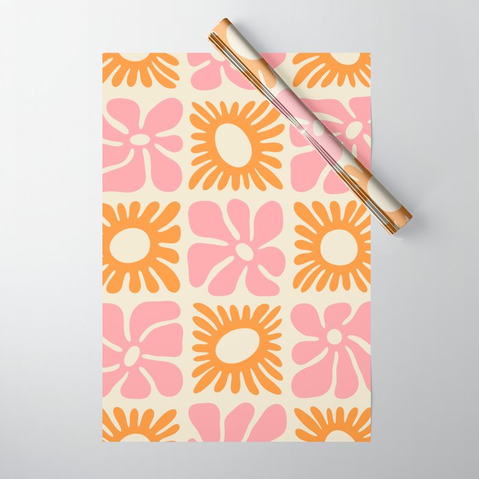 Retro checkered flower mosaic art pattern Wrapping Paper Gallery Image 1