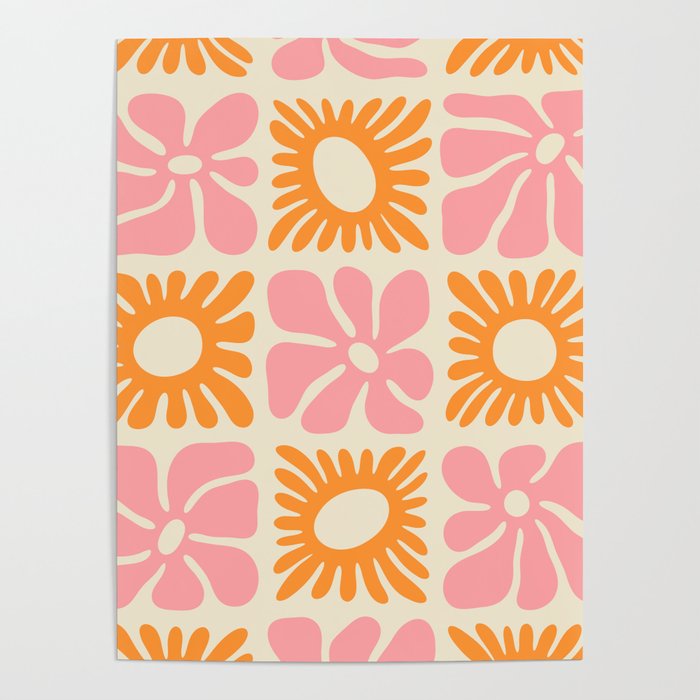 Retro checkered flower mosaic art pattern Poster Gallery Image 1