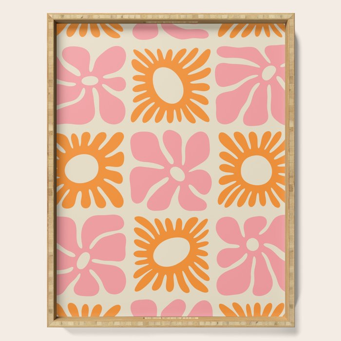 Retro checkered flower mosaic art pattern Serving Tray Gallery Image 1