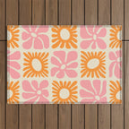 Retro checkered flower mosaic art pattern Outdoor Rug Gallery Image 1