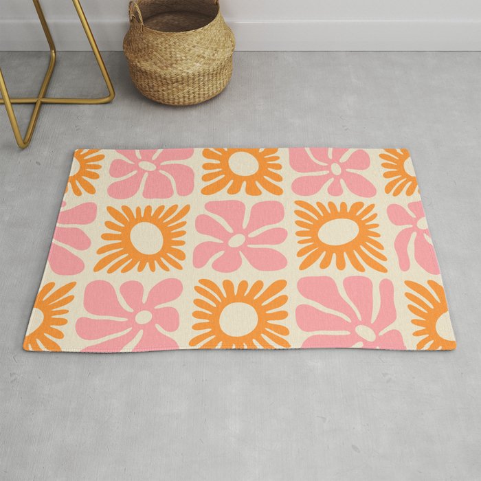 Retro checkered flower mosaic art pattern Rug Gallery Image 1