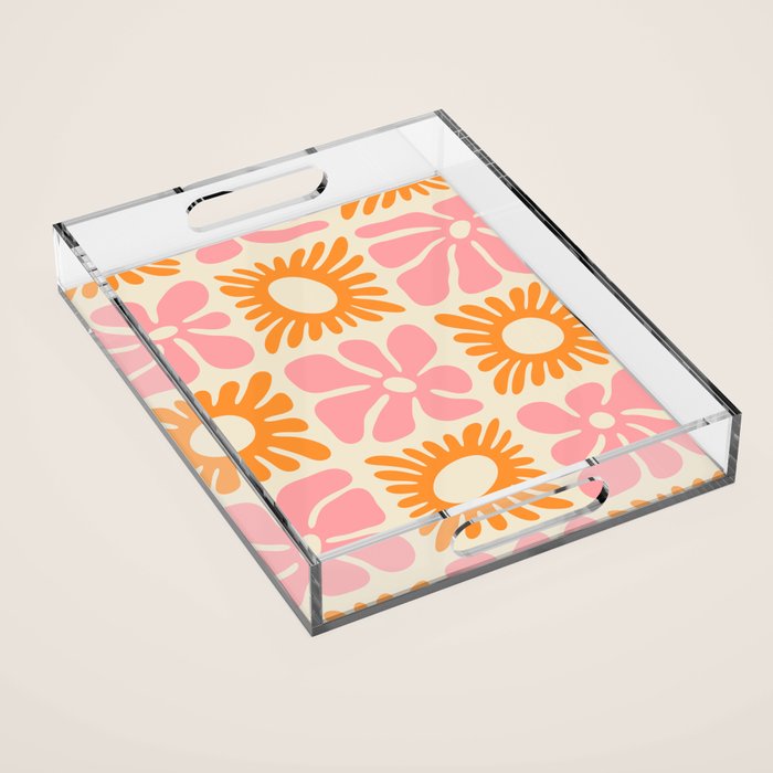 Retro checkered flower mosaic art pattern Acrylic Tray Gallery Image 1