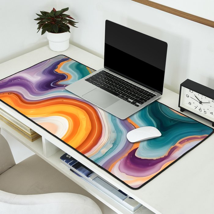 Purple, Teal & Gold Agate, Abstract Texture Nature Pattern, Marble Luxe Eclectic Luxury Stone Rock, Intricate Geometric Bohemian Contemporary Boho Gift Desk Mat Gallery Image 2