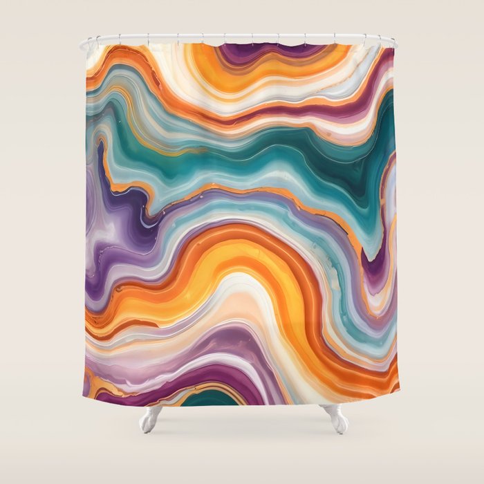 Purple, Teal & Gold Agate, Abstract Texture Nature Pattern, Marble Luxe Eclectic Luxury Stone Rock, Intricate Geometric Bohemian Contemporary Boho Gift Shower Curtain Gallery Image 1