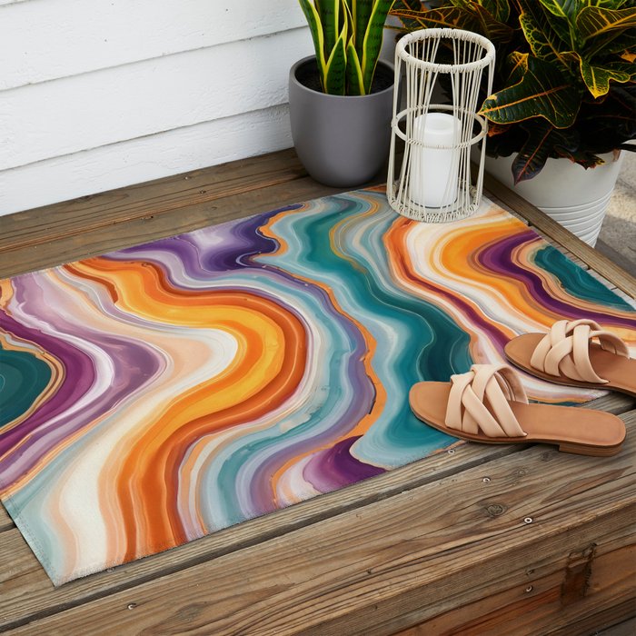 Purple, Teal & Gold Agate, Abstract Texture Nature Pattern, Marble Luxe Eclectic Luxury Stone Rock, Intricate Geometric Bohemian Contemporary Boho Gift Outdoor Rug Gallery Image 2