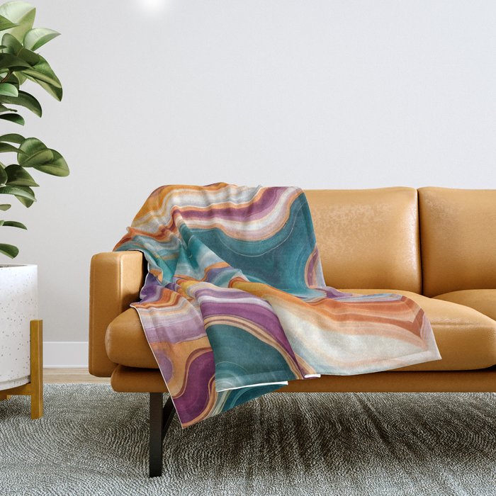 Purple, Teal & Gold Agate, Abstract Texture Nature Pattern, Marble Luxe Eclectic Luxury Stone Rock, Intricate Geometric Bohemian Contemporary Boho Gift Throw Blanket Gallery Image 1