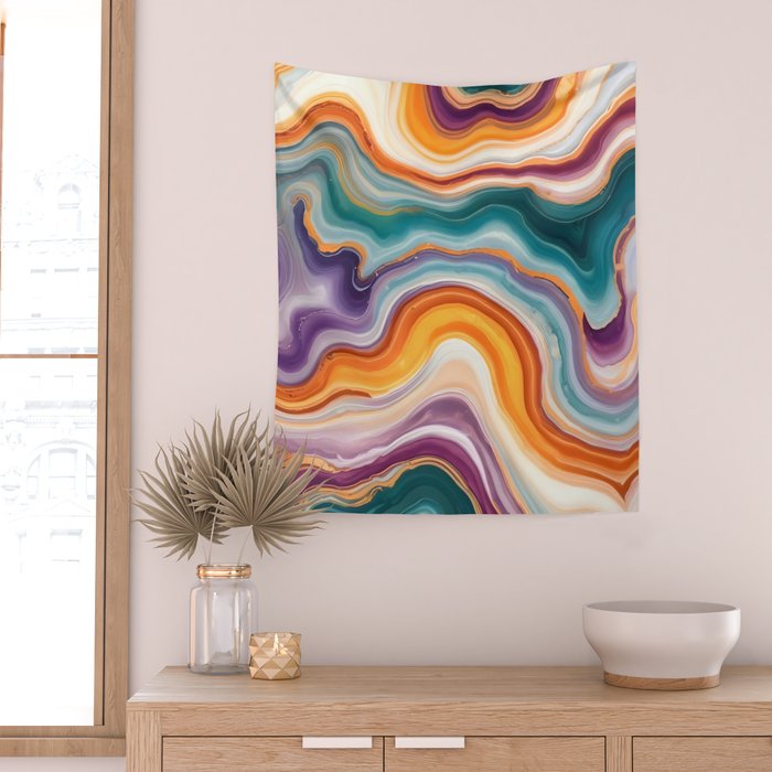 Purple, Teal & Gold Agate, Abstract Texture Nature Pattern, Marble Luxe Eclectic Luxury Stone Rock, Intricate Geometric Bohemian Contemporary Boho Gift Wall Tapestry Gallery Image 2