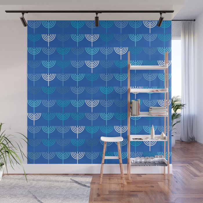 Hanukkah Chanukah Menorah Chanukkiah Pattern in Blue Wall Mural Gallery Image 1