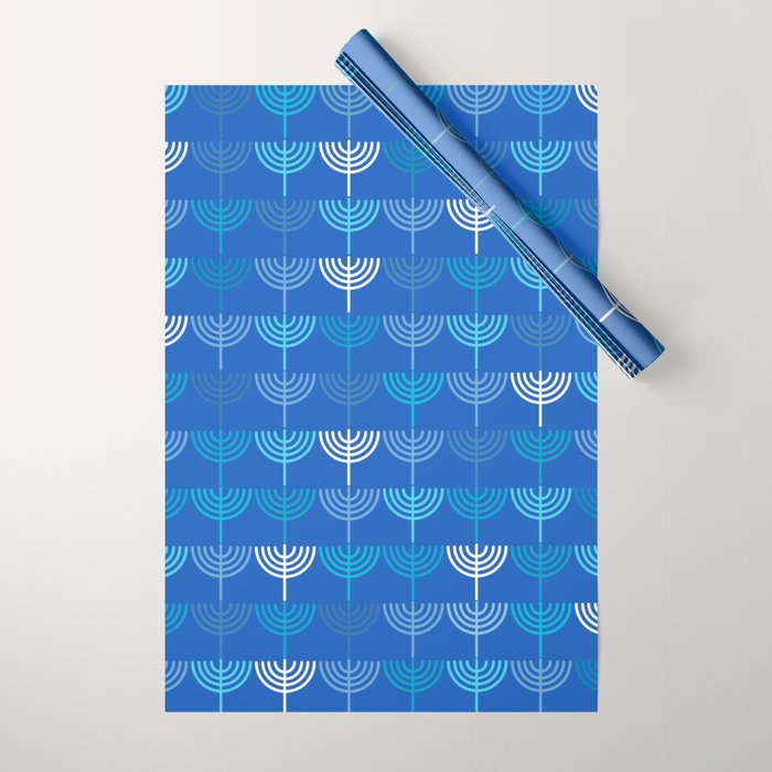 Hanukkah Chanukah Menorah Chanukkiah Pattern in Blue Wrapping Paper Gallery Image 1