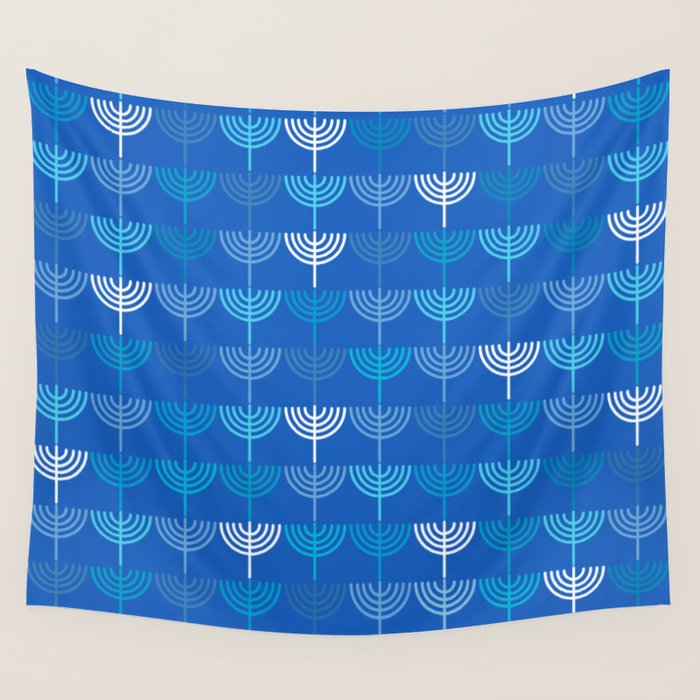 Hanukkah Chanukah Menorah Chanukkiah Pattern in Blue Wall Tapestry Gallery Image 4
