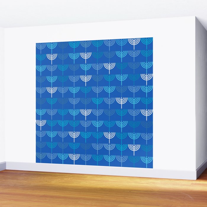 Hanukkah Chanukah Menorah Chanukkiah Pattern in Blue Wall Mural Gallery Image 2