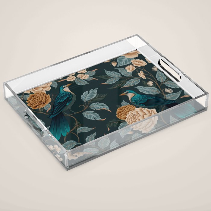 Spring Song - Dark Teal Birds and Floral Print Acrylic Tray Gallery Image 1