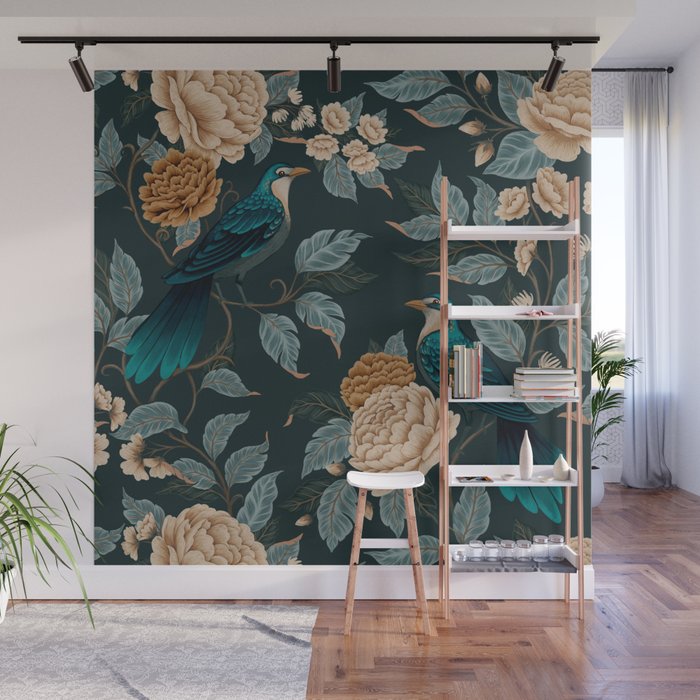Spring Song - Dark Teal Birds and Floral Print Wall Mural Gallery Image 1
