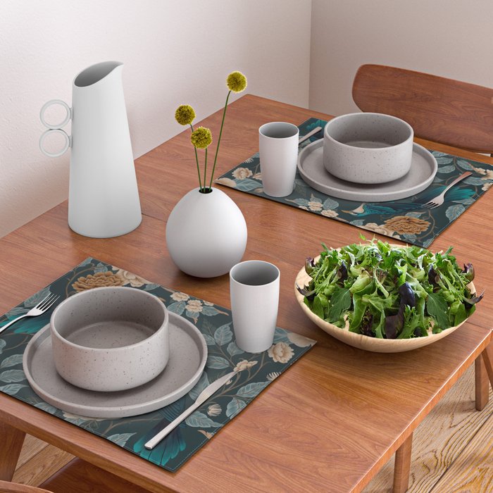 Spring Song - Dark Teal Birds and Floral Print Placemat Gallery Image 2