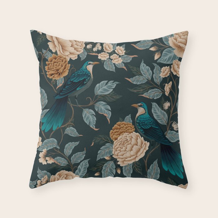 Spring Song - Dark Teal Birds and Floral Print Throw Pillow Gallery Image 6