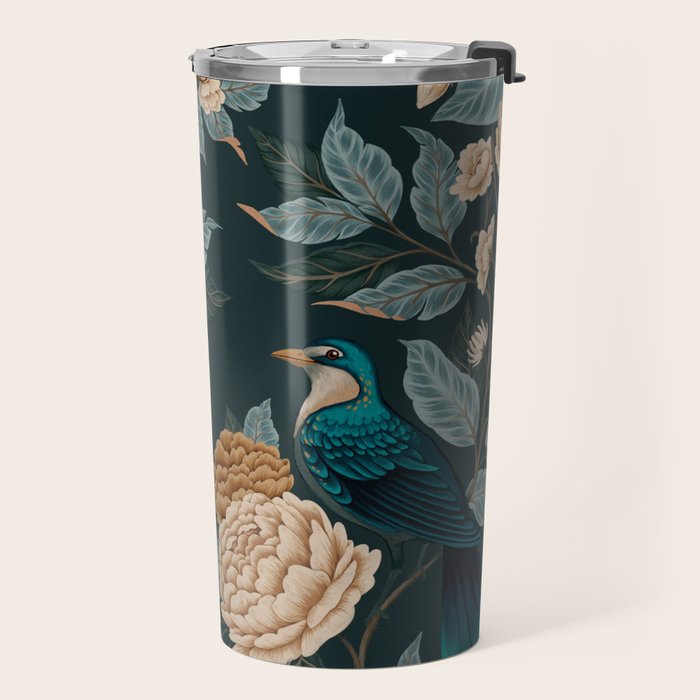 Spring Song - Dark Teal Birds and Floral Print Travel Mug Gallery Image 2