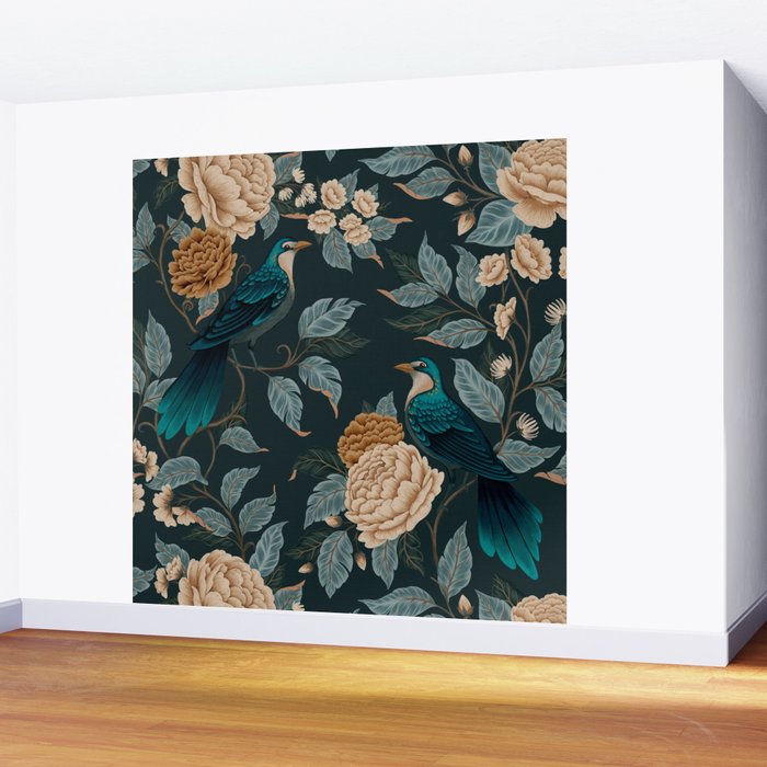Spring Song - Dark Teal Birds and Floral Print Wall Mural Gallery Image 2