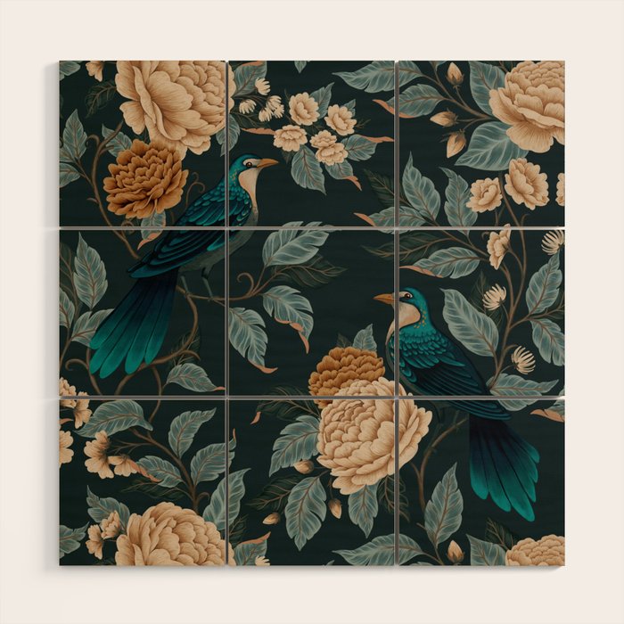 Spring Song - Dark Teal Birds and Floral Print Wood Wall Art Gallery Image 1