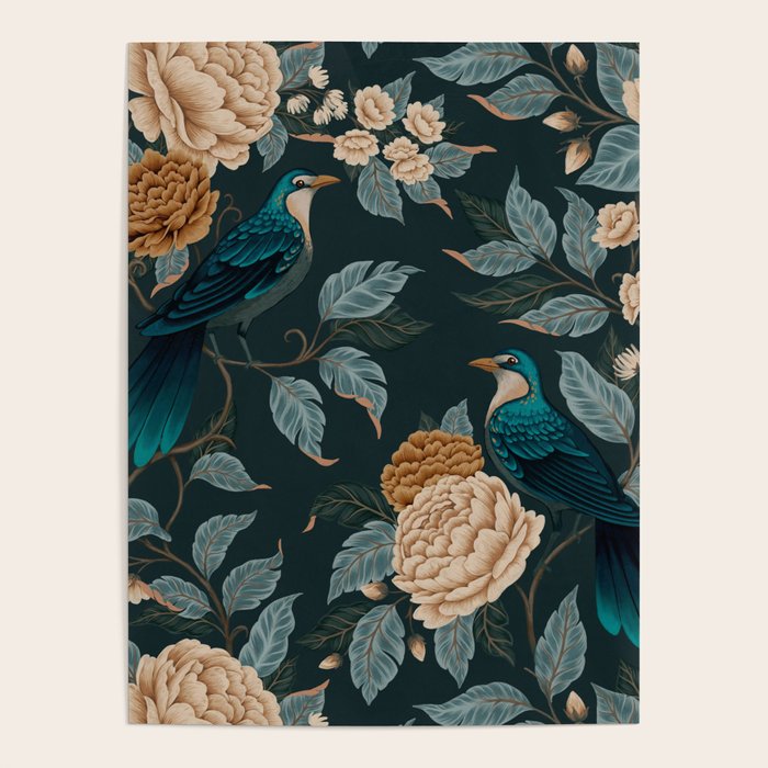 Spring Song - Dark Teal Birds and Floral Print Poster Gallery Image 1