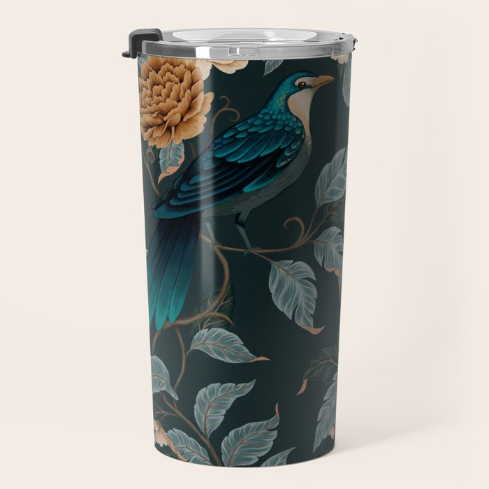 Spring Song - Dark Teal Birds and Floral Print Travel Mug Gallery Image 3