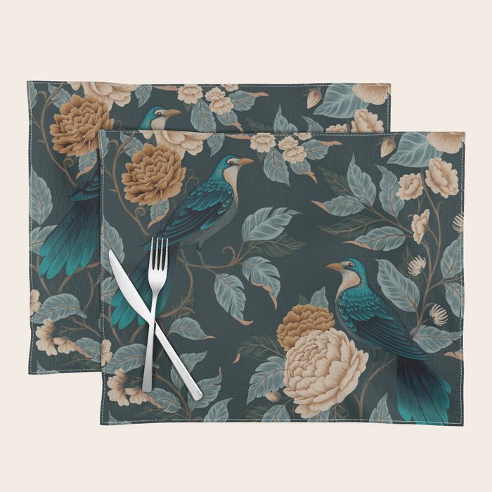 Spring Song - Dark Teal Birds and Floral Print Placemat Gallery Image 1