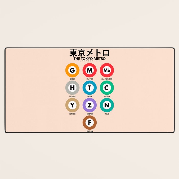 Tokyo subway map print. City metro alphabet poster, japan underground print, japanese city wall art. Desk Mat Gallery Image 3