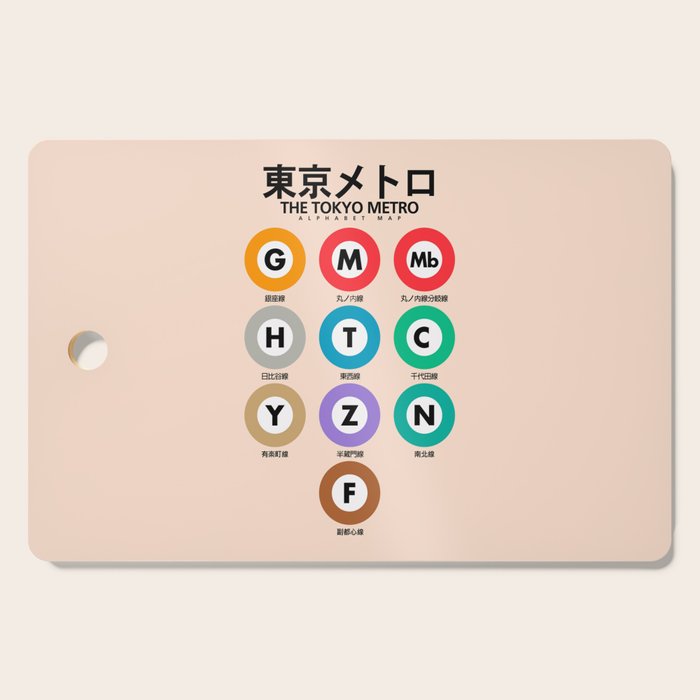 Tokyo subway map print. City metro alphabet poster, japan underground print, japanese city wall art. Cutting Board Gallery Image 1