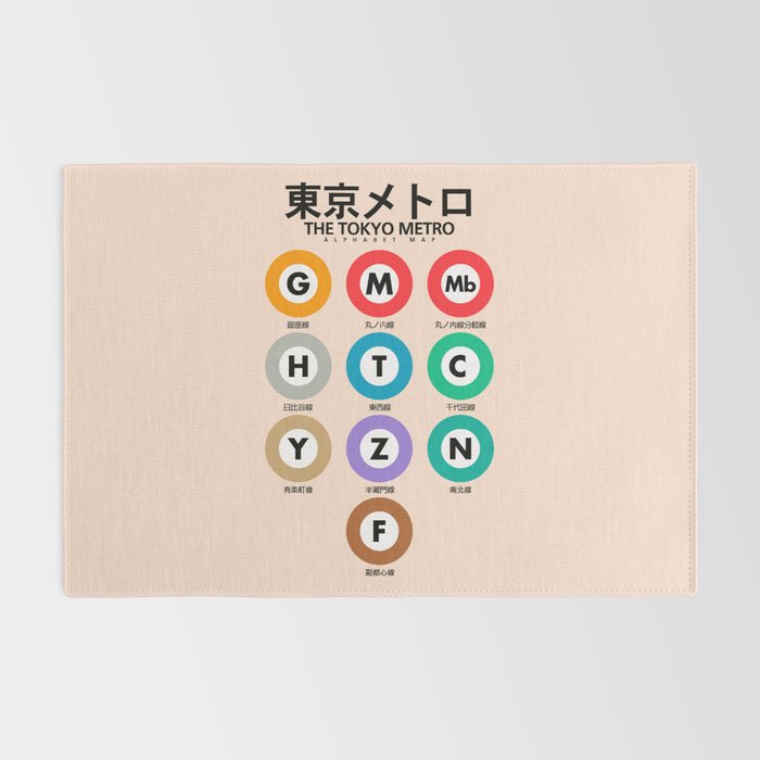 Tokyo subway map print. City metro alphabet poster, japan underground print, japanese city wall art. Rug Gallery Image 2