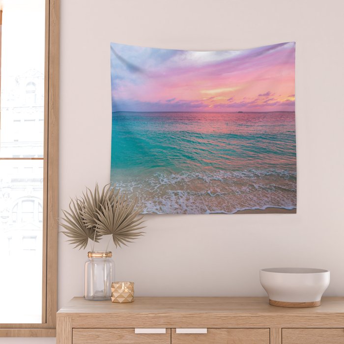 Aerial Photography Beautiful: Turquoise Sunset Relaxing, Peaceful, Coastal Seashore Wall Tapestry Gallery Image 2