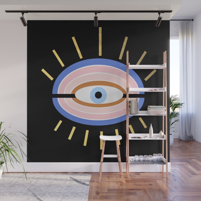 Retro evil eye - black & gold Wall Mural Gallery Image 1