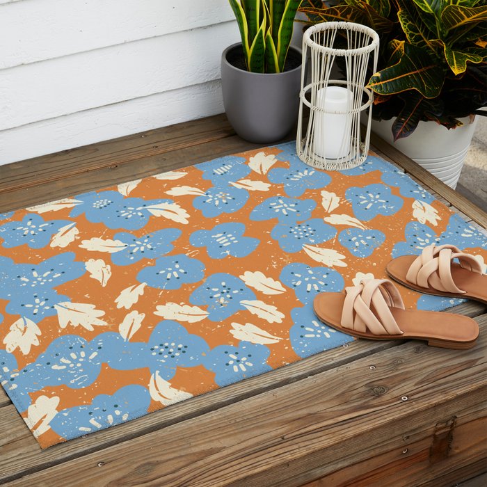Bold flowers in my garden blue on orange Outdoor Rug Gallery Image 2