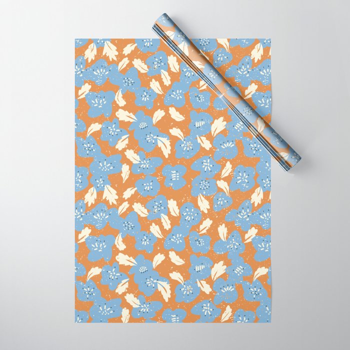 Bold flowers in my garden blue on orange Wrapping Paper Gallery Image 1