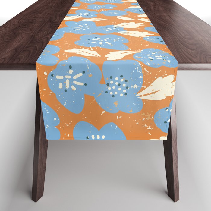 Bold flowers in my garden blue on orange Table Runner Gallery Image 1