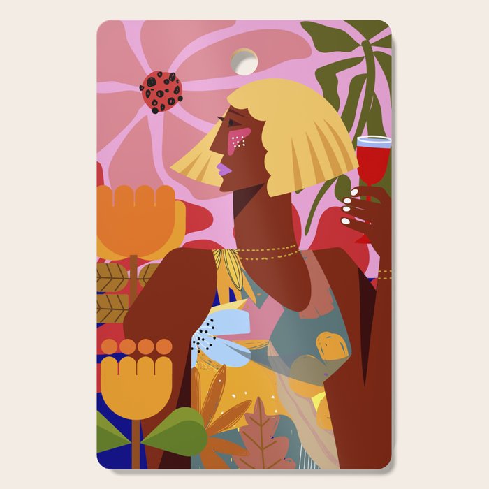 Woman with wine in floral garden Cutting Board Gallery Image 1