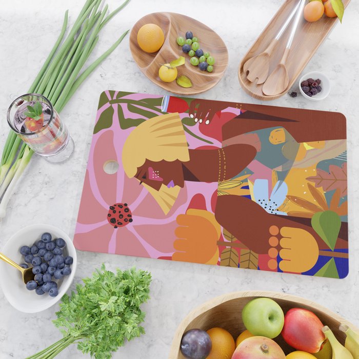 Woman with wine in floral garden Cutting Board Gallery Image 2