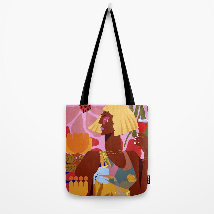 Woman with wine in floral garden Tote Bag Gallery Image 2