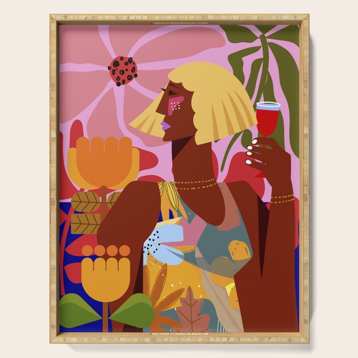 Woman with wine in floral garden Serving Tray Gallery Image 1