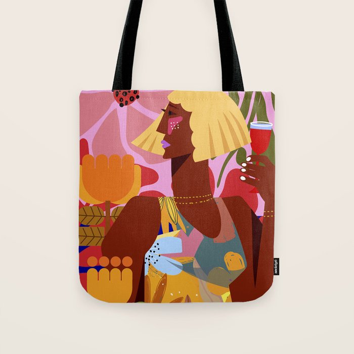 Woman with wine in floral garden Tote Bag Gallery Image 1